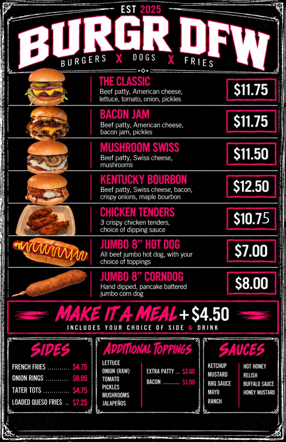 Complete BURGR DFW menu with burgers, chicken tenders, hot dogs, sides, toppings and sauces